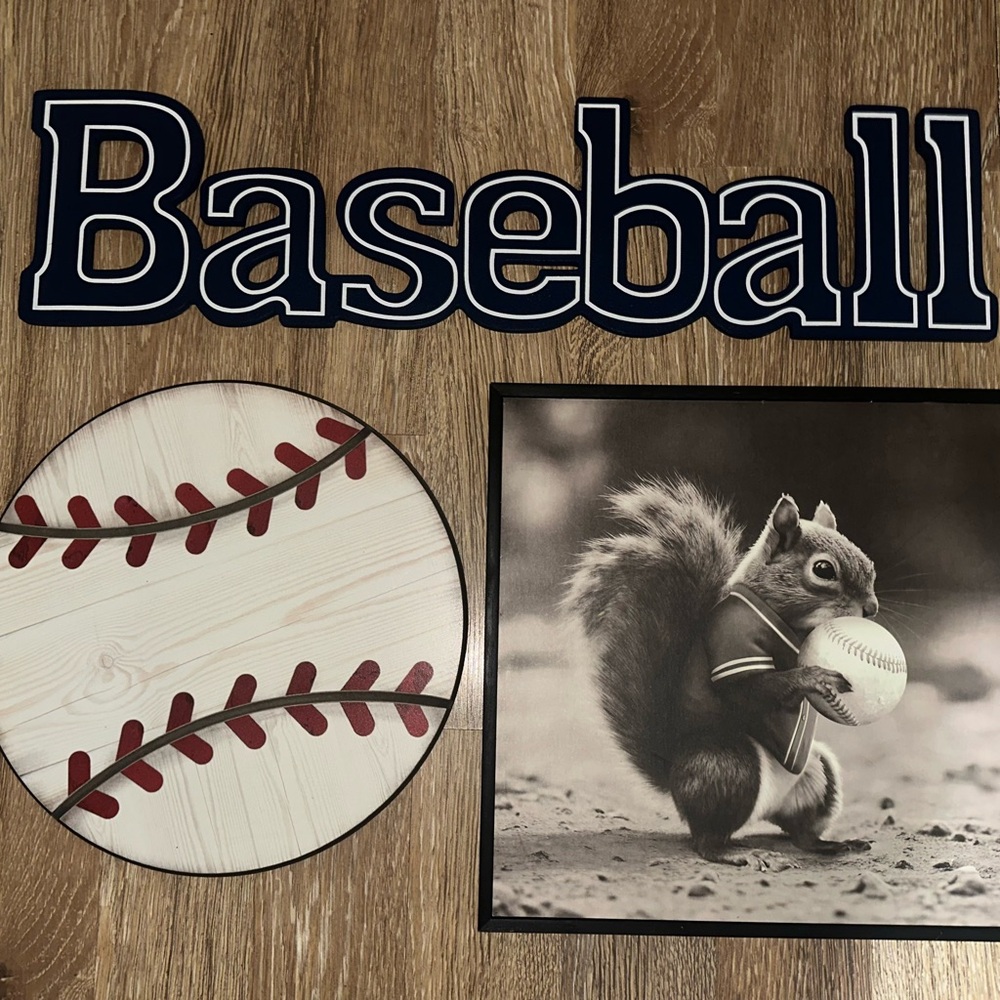 Hobby Lobby Baseball and Squirrel Wall Art Set - Black, White, Red